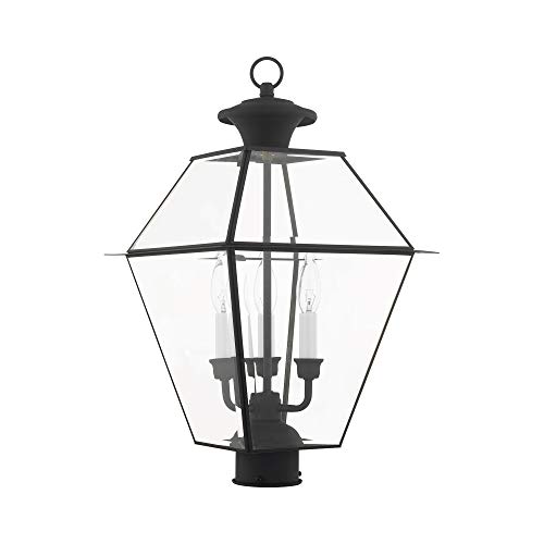 Image of Livex Lighting 2384-04 Westover 3 Light Outdoor Black Finish Solid Brass Wall Lantern with Clear Beveled Glass, 22 inch x 12 inch x 22 inch | Dimensions: 22 inch x 12 inch x 22 inch; Clear Beveled Glass; Solid brass construction