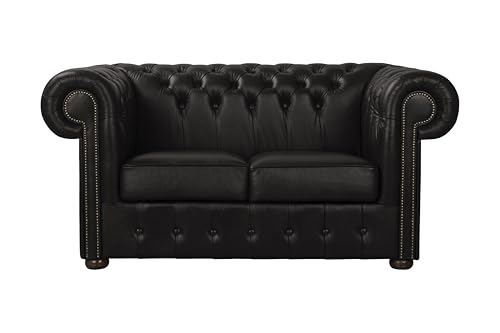 ROYALSOFA Sofa Chesterfield King 2-Sitzer Ledersofa mit Knopfheftung, Holzrahmen & Gepolsterten Armlehnen, Pflegeleichte Couch, Loungesofa für Wohnzimmer, Büro, Praxis, Kanzlei & Hotel, Schwarz