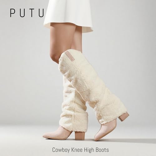 Putu Fold Over Boots for Women Knee High Cowboy Boots Chunky High Heel Tall Boots3