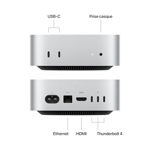 Apple Mac Mini Ordinateur de Bureau avec Puce M4, CPU 10 cœurs et GPU 10 cœurs : Conçu pour Apple Intelligence, 16Go de mémoire unifiée, 512Go de Stockage SSD, Gigabit Ethernet.