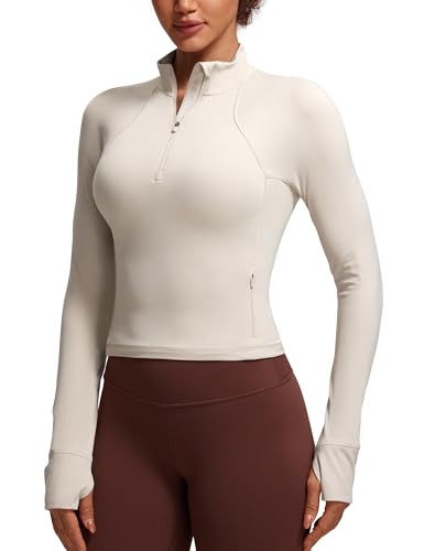 CRZ YOGA Butterluxe Half Zip Long Sleeve Shirts for Women - Workout Athletic Yoga Tops Crop Collared Quarter Zipper T-Shirt Mojave Tan Medium