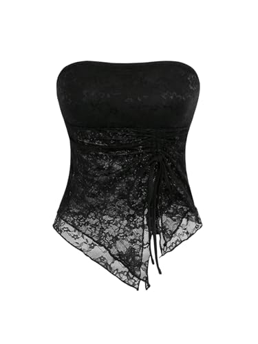 GORGLITTER Women's Lace Strapless Tube Tops Y2k Asymmetrical Backless Drawstring Bandeau Sexy Sheer Ruched Club Going Out Top Black Medium