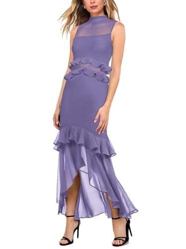 Image of Aisbei Women's Elegant Bodycon Maxi Dress Mock Neck Sleeveless Mesh Ruffle Dress Party Cocktail Formal Wedding Guest Dresses