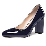 WAYDERNS Women's Navy Blue Block 3 Inch Slip On Solid Round Toe High Heel Patent Pumps Shoes Size 10.5 - Zapatos de Mujer de Tacon Bajo Elegantes para Fiesta