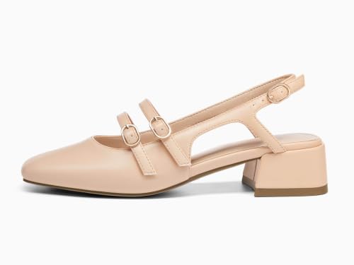 Image of Coutgo Women's Mary Jane Chunky Low Heels Slingback Pumps Closed Square Toe Wedding Dress Shoes