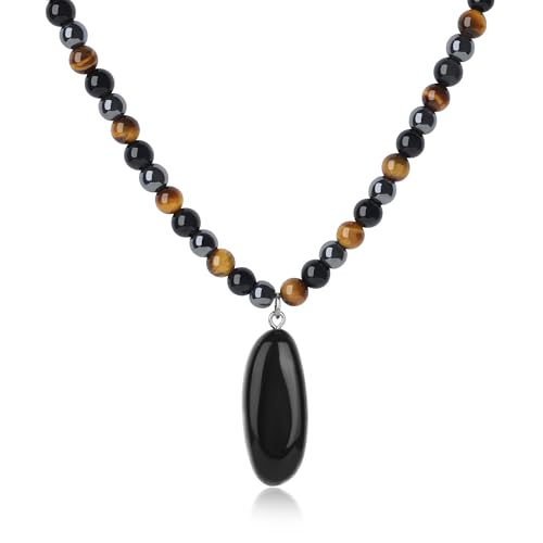GAVU Triple Protection Necklace for Men Obsidian Beaded Necklace for Men