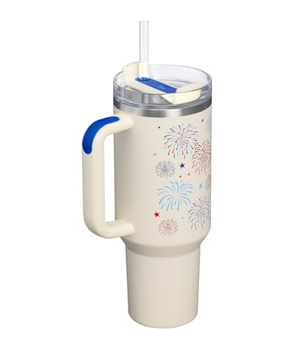 Image of STANLEY Quencher H2.0 Tumbler with Handle and Straw 40 oz | Flowstate 3-Position Lid | Cup Holder Compatible for Travel | Insulated Stainless Steel Cup | BPA-Free | Cream Royal Fireworks