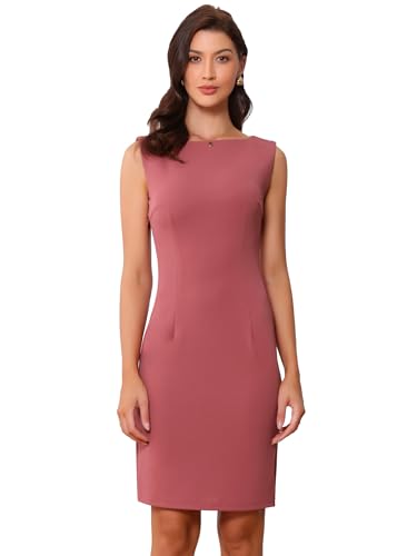 Allegra K Sheath Dress for Women's Christmas Business Teacher Sleeveless Boat Neck Professional Office Dresses Medium Dark Red