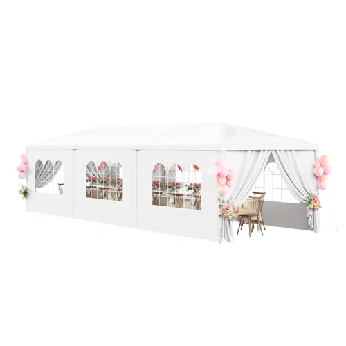 CFATLFRM 10x30 White Party Tent Outdoor Canopy Waterproof Heavy Duty Wedding Event Tents for Parties with 8 Removable Sidewalls Perfect for Holiday Birthday Gatherings BBQ Backyard Patio