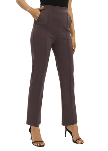 EXCHIC Damen Business Büro Gerades Bein Arbeits Hosen Freizeit Elastische Taille Hosen mit Taschen(S, Braun)