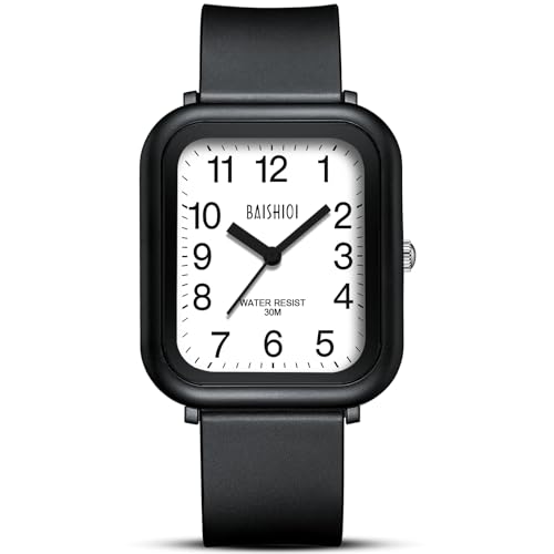 BAISHIOI Orologio Uomo Orologio Donna Orologio Analogico al Quarzo Impermeabile Casual Orologio da Polso da Uomo Rettangolare Orologio Unisex con Nero Cinturino in Silicone (white)