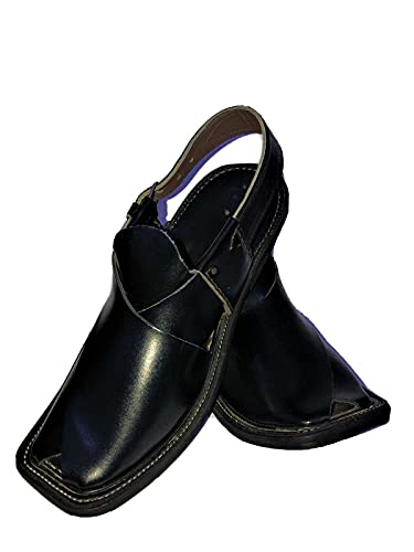 Men's Round Toe Peshawari Leather Hand Made Chappal/Sandal/Flip Flop in Black Colorâ€¦