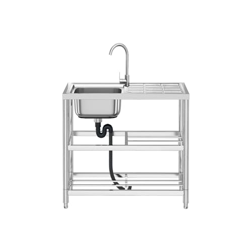 CALISTOUK Fregadero de Cocina Comercial de Acero Inoxidable para Exteriores con Grifo Mesa de Trabajo, 80 * 75 * 40cm Estantería de Almacenamiento de Dos Pisos para Lavandería Garaje Camping