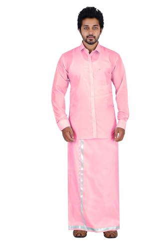 Image of PRAKASAM COTTON-Mens Art Silk Wedding Set /Art Silk 8 Mulam (8-Yard) Dhoti and Stitched Shirt for mens