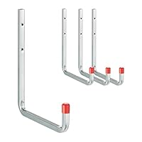 Relaxdays Wandhaken 4er Set, bis 40 kg, Stahl, Universalhaken für Garage, Werkstatt, Keller, Schwerlasthaken, Silber/rot