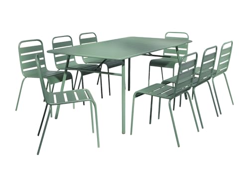 Vente-unique - Salle à Manger de Jardin en métal - Une Table L.200 cm et 8 chaises empilables - Vert Amande - MIRMANDE de MYLIA