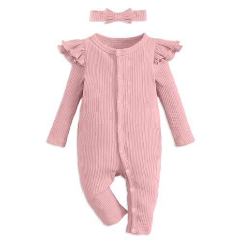 Image of OPAWO Newborn Sleepers Baby Girl Onesie Long Sleeve Ribbed Knit Romper Newborn Photography Outfits Girl Coming Home Outfit