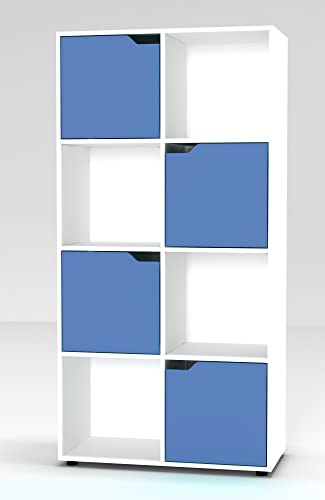 URBNLIVING 8 Cube Bookcase 4 Blue Door Display Shelf Storage Cupboard Living Room Shelving (White)