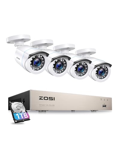ZOSI 1080P Aussen Verkabelt Überwachungskamera Set mit 1TB HDD, 8CH H.265+ DVR, 4X 2MP Kabelgebunden Outdoor Bullet Kamera mit BNC Kabel, 24/7 Videoaufzeichnung