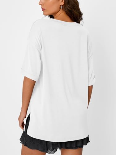 Trendy Queen Plus Size Oversized V-Neck Tshirt Breathable Elastic Fabric Tunic for Workout Gym Casual Homing Wear White XXL