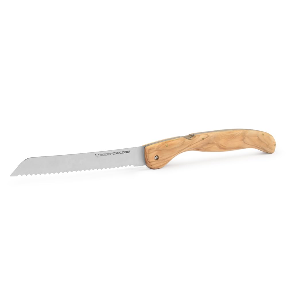 FOXXKNIFE Klappmesser Brotmesser Taschenmesser groß 18,5cm Klinge, ohne Lasergravur, Olivenholzgriff, scharfer Wellenschliff, Ideal für Camping, Offroad, Abenteurer im Wohnmobil, Inkl. Hardbox