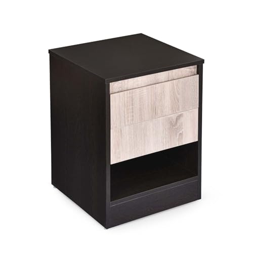 Image of Nilkamal Riva Night Stand | Wooden Bed Side Table with 2 Drawers and an Open Shelf | Multipurpose End Table for Bedroom, Living Room | Wenge & Sonoma Oak