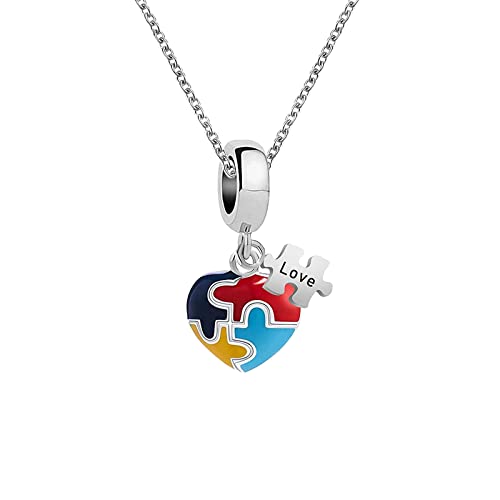 KunBead 18 inch Autism Awareness Heart Puzzle Love Charm Pendant Necklace for Women