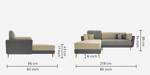 Image of Sixpine Luxury Dual Color Upholstery Lounger RHS Sofa in Premium Velvet | Solid Wood Structure | Sturdy Golden Legs | High Density Foam | Extra Comfort for Modern Living Room (Grey & Beige, 4 Seater)