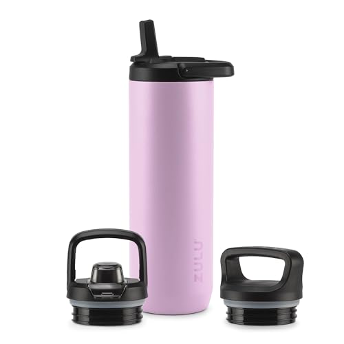 Image of ZULU Base 24oz Stainless Steel Water Bottle with 3 Lids- Straw, Chug, Twist | Double Walled and Vacuum Insulated Metal Thermos | Fits Car Cupholder, Built in Carry Loop, Dishwasher Safe, Pink