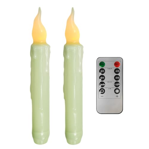 Image of Real Wax LED Flameless Short Taper Candles with Remote, 6.7 Inches Green Candlesticks, Dripless Battery Operated Flame Rustic Primitive Flameless Spring Candles for Home, Pack of 2