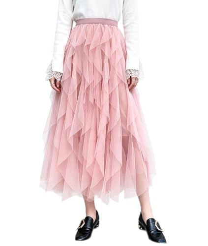 Femiserah Women's Long Rainbow A Line Tulle Tutu Skirts Tiered Skirt Petticoat（One Size, Tulle Pink
