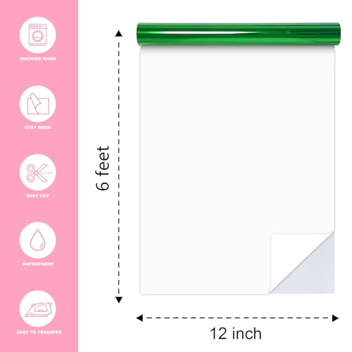 Image of Green Heat Transfer Vinyl Roll, 12 inch x6Ft Mirror Metallic Iron on Vinyl, Soft Metallic Foil HTV for T-Shirt, Chrome HTV Easy to Cut & Weed for Heat Vinyl Design