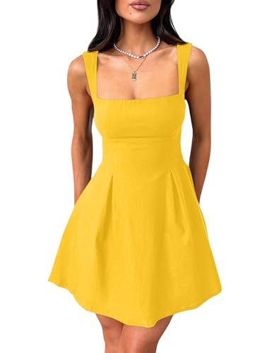 YMDUCH Women's Sexy Sleeveless Square Neck Adjustable Straps Bow Tie A-line Mini Party Club Dress Yellow