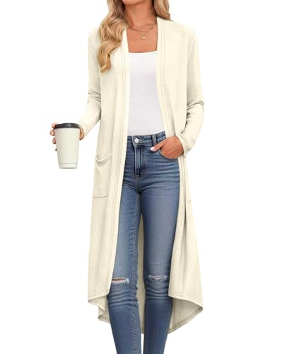 DB MOON Womens Long Cardigan Fall Lightweight Long Sleeve Sweater Light Weight Winter Open Front Sweaters with Pockets M, Beige