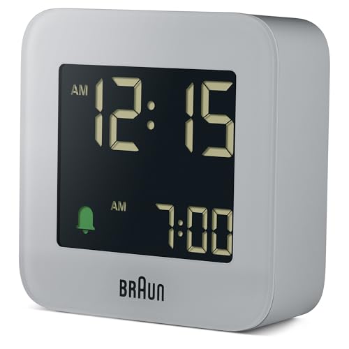 Image of Braun Plastic Digital Travel Alarm Clock with Snooze, Compact Size, Negative LCD Display, Quick Set, Crescendo Beep Alarm in Grey, Model BC08G.
