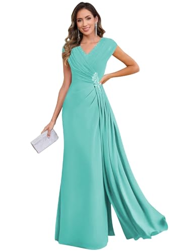 V Neck Mother of The Bride Dresses for Women Cap Sleeve Chiffon Pleated Formal Evening Party Dress4