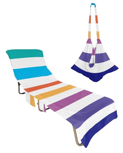 Colorful Striped Beach Lounge Chair Towel Cover, Soft Chaise Lounge Towel with Side Pockets Patio Pool Chairs Cover for Beach/Pool Sunbathing 29x85 Rainbow Color Abstract Art