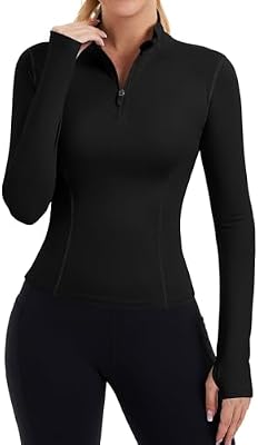ZHENWEI Womens Workout Crop Tops Long Sleeve Slim Fit Quarter Zip Pullover