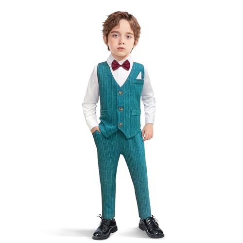 Sadarkes Boys Suit Formal Set Kids Wedding Outfit Toddler Slim Fit Tuxedo 4 Pieces Vest,Shirt,Pants,Bow Tie for 3-7 Years Green