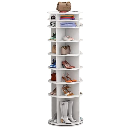 Image of Leavader 8-Tier Round Rotating Shoe Rack Tower, White Spinning Shoe Shelf with Vertical Handbag Rotate Shoes Closet Organization, 360 Shoe Rack Storage Round Carousel