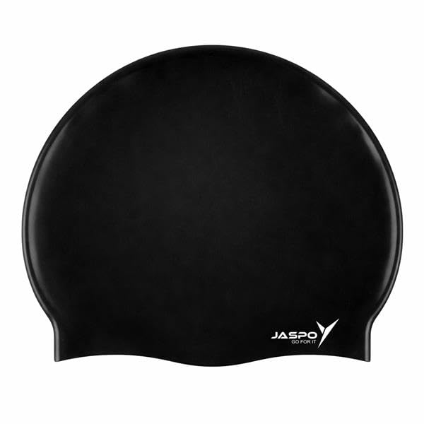 Image of JASPO Velocity Silicone Swimming Cap | Unisex Swim Cap for Men & Women | Stretchable, Anti-Slip, Waterproof Cap for Pool, Training & Professional Swimming | Black