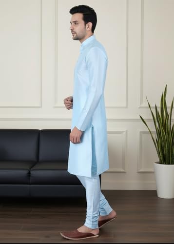Image of SadreeMen's Silk Blend|Classic|Occassion|Ethinic|Full Sleeve|Mandirn Collor|Knee Length|Solid Colour|Light Weight|Comfort|Regular Fit Kurta Pyjama Set