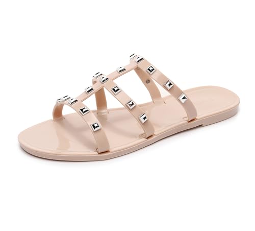Image of Women Flats Sandals, Studded Jelly Shoes Size 9 Red Dressy Summer Beach Rivets Strappy Jellies Slide Slip On Open Toes