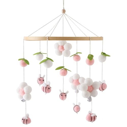 Móvil de cuna - Juguete decorativo de madera - con pompones, flores y abejas, móvil bebé - Para jóvenes guardería y guarderías Cochecito Espacio Juegos