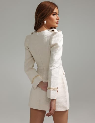 BELLA BARNETT White Tweed Dress Mini Cream Dress for Women Crew Neck Long Sleeve Button Down Dress Tea Party Dress4
