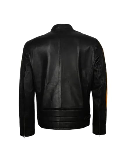 Mens Cafe Racer Yellow Star Black Leather Jacket3