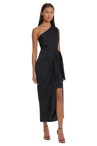 Donna Morgan Women's One Shoulder Faux Wrap Light Charmeuse Maxi with Tie Waist Occasion Event Party Guest of3