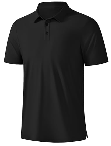 ASYJUMPD Mens Golf Polo Shirts Moisture Wicking Performance Short Sleeve Pique Athletic Golf Collared Shirts for Men Black Large