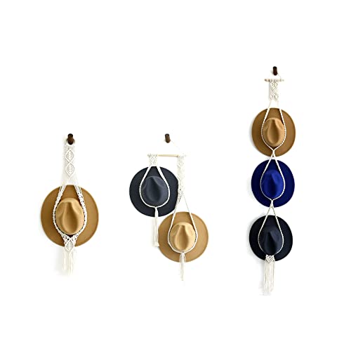 AUPSU Lot de 3 organiseurs chapeaux bohème pour mur, à suspendre au en macramé, porte-chapeaux décoratifs casquettes baseball large bord et Fedoras, Blanc, 80cm,125cm,160cm Cover