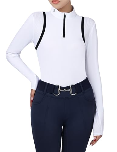 Harrison Howard Horse Riding Shirts w/Ventilation Underarms Inner Arms Shirts for Women Horse Riding Top 1/4 Zip Design White L